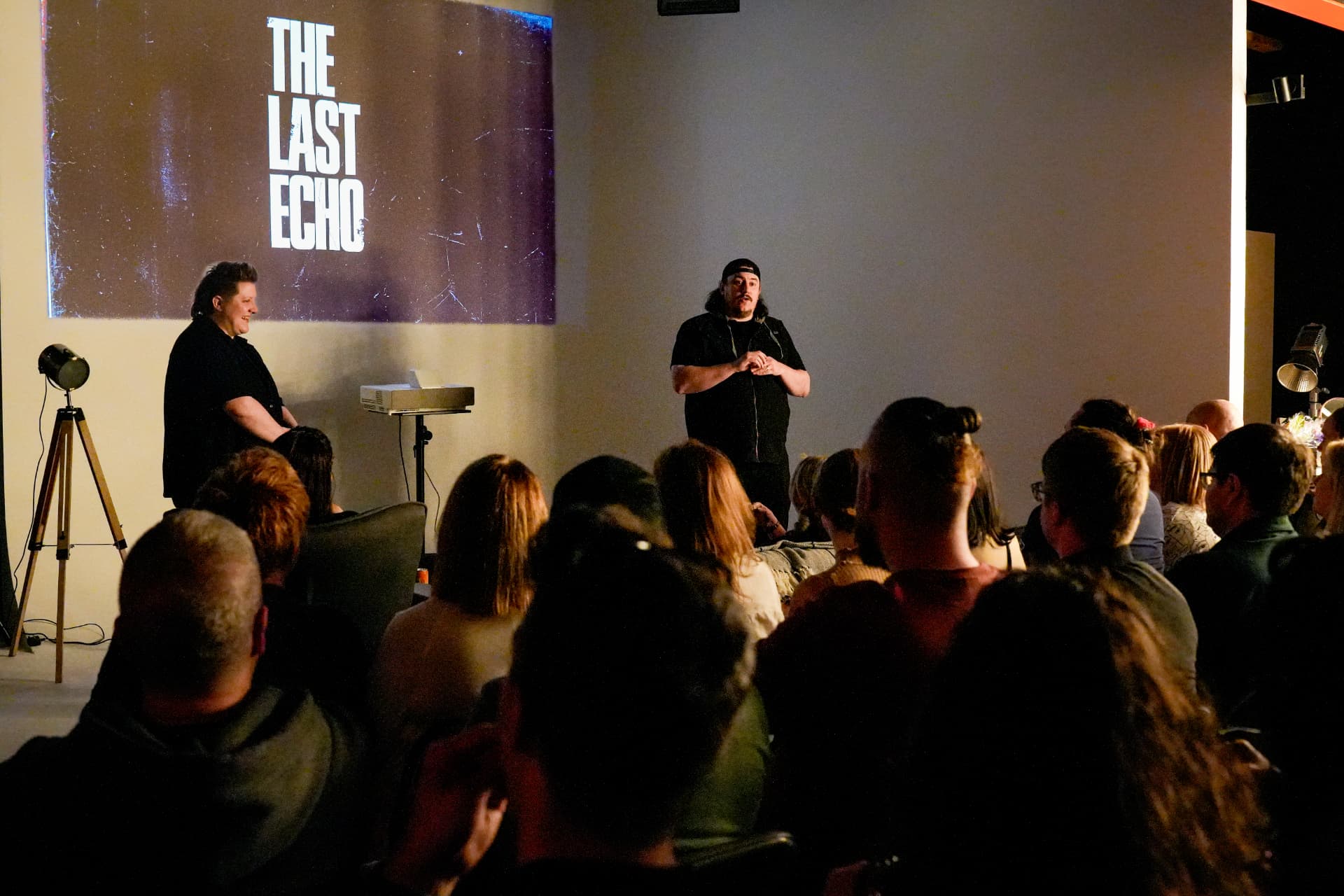 Q&A in front of The Last Echo title card at the premiere